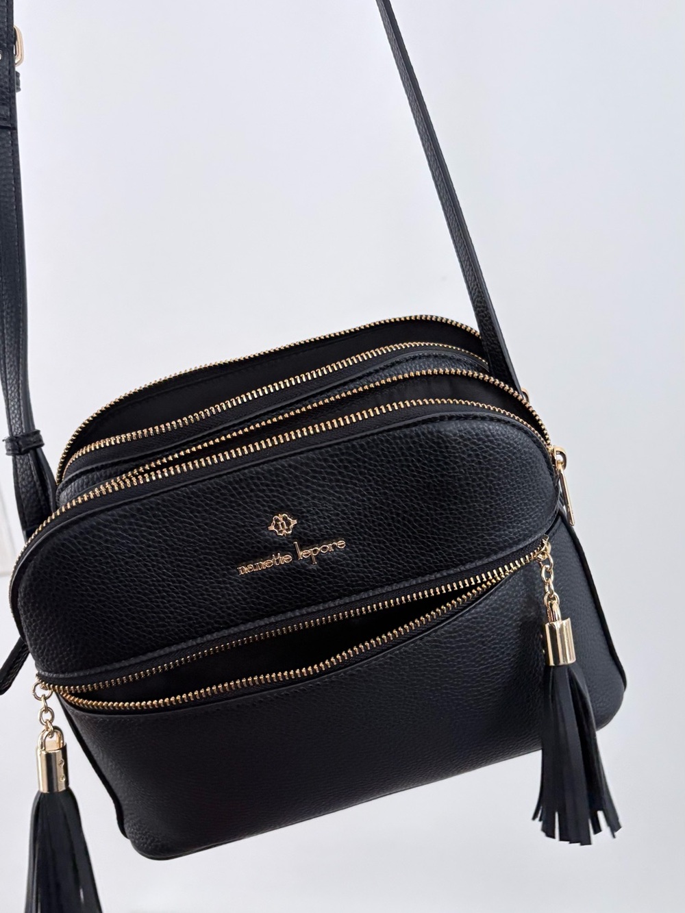 Nanette Lepore Black Pebbled Crossbody with Gold Hardware and Tassels